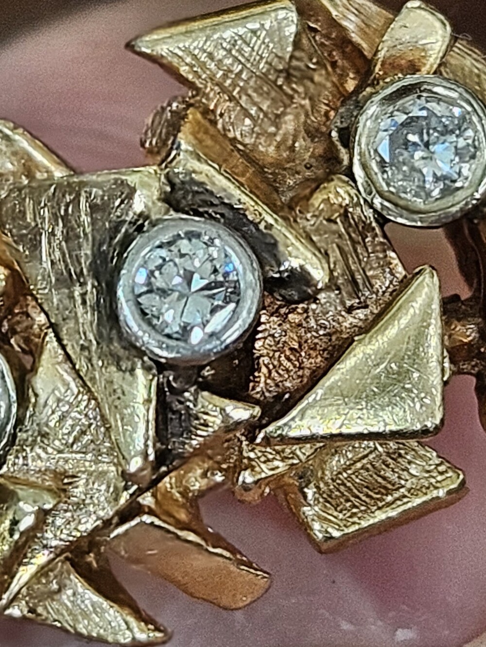 Vintage European Solid 14k 585 MCM Brutalist 3 Stone Diamond Nugget Ring - Picture 9 of 11